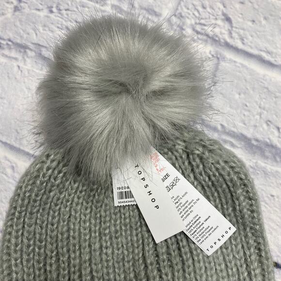 Topshop Ribbed Faux Fur Pom Pom Beanie in Gray - Picture 3 of 5